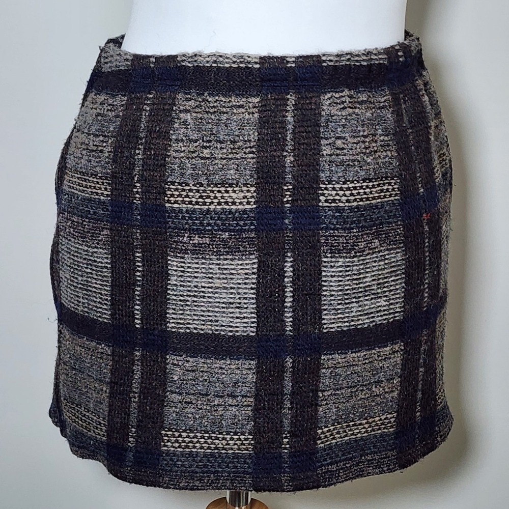 Plaid Mini Skirt Womens Small Brown Blue Tweed Full Zip Fall Preppy Twee Retro